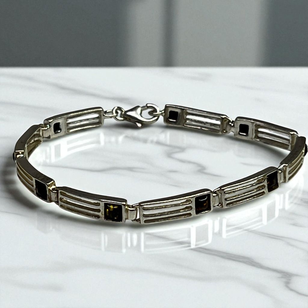 Baltic Amber & Sterling Silver 925 Bracelet With Rectangular Link Design